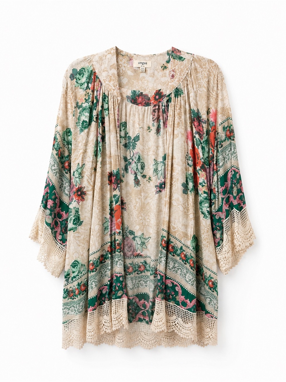 Umgee Beige Floral Crochet-Trim Boho Kimono with Green and Pink Accents Size S/M